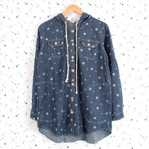Star Print Hooded Button Up Denim Jacket Blue